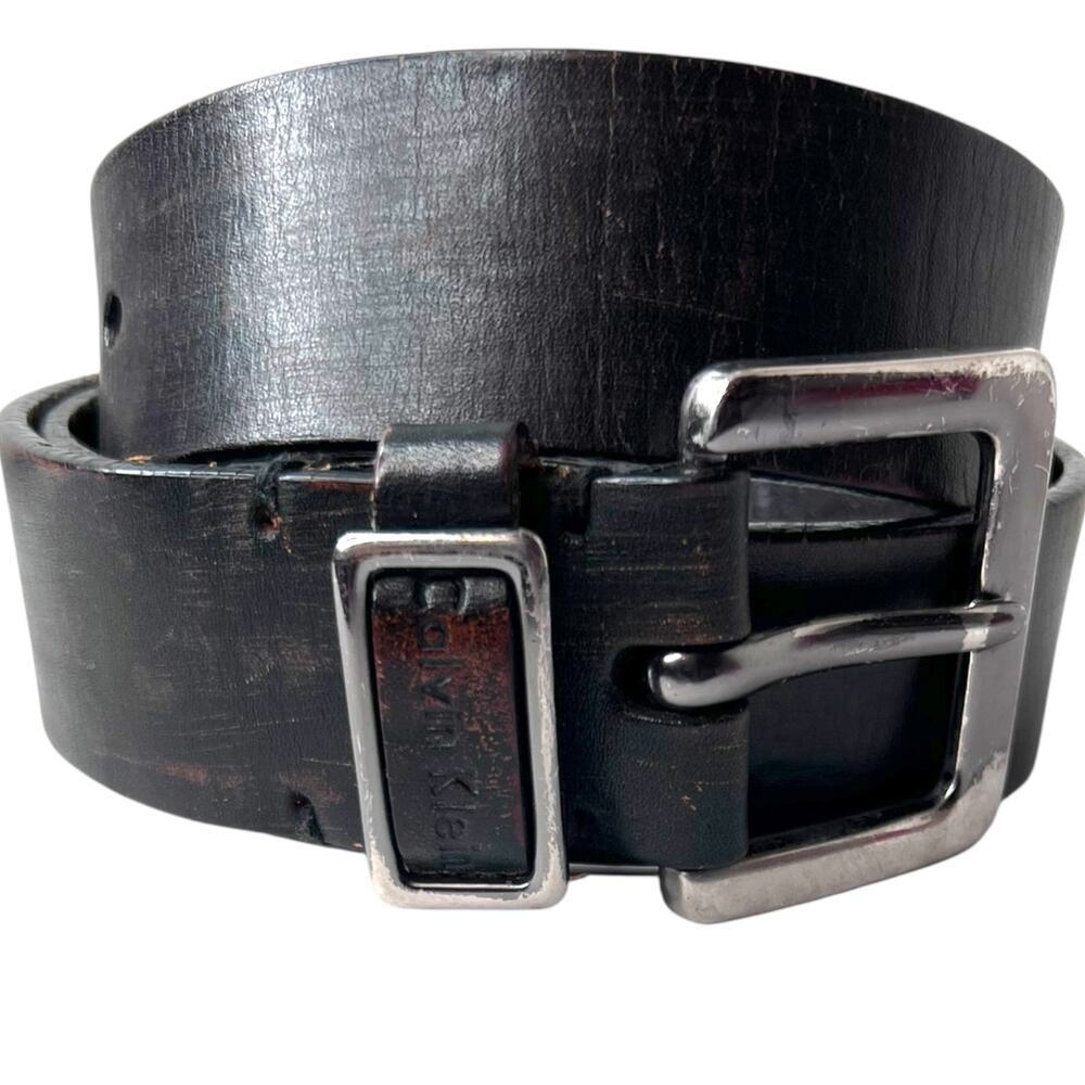 CK Leather Belt Dark Chocolate Vintage Silver Buckle Classic Casual Men 34 Waist